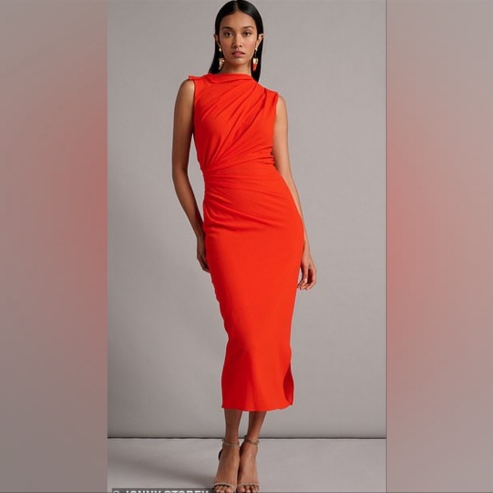 DESIGNER NARCISO RODRIGUEZ - ZARA RUSHED ORANGE RED MIDI DRESS